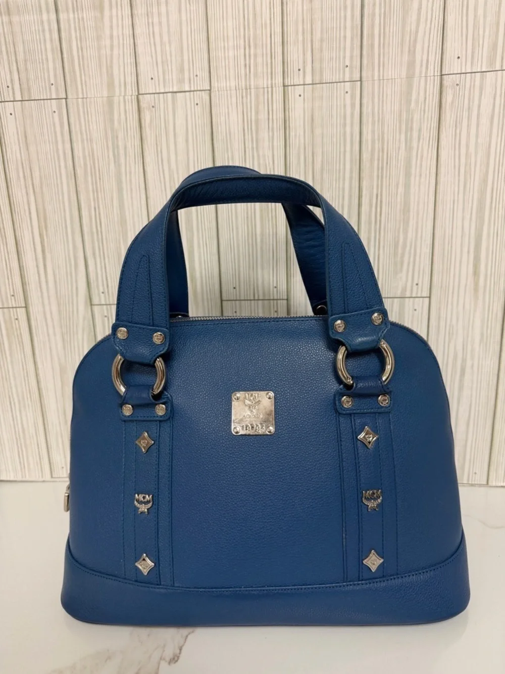 MCM Blue Leather Satchel Bag Gold Hardware Structured Top Handle Purse Dome Bag